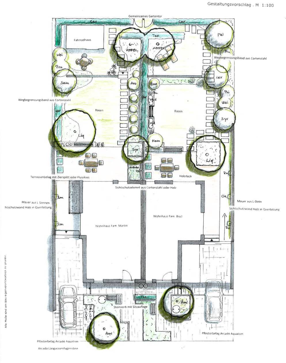 Gestaltungsplan 02: Dieses Beispiel für einen Gartenplan spielt mit einem schmalen Grundstück, auf dem zwei Doppelhaushälften Platz finden..