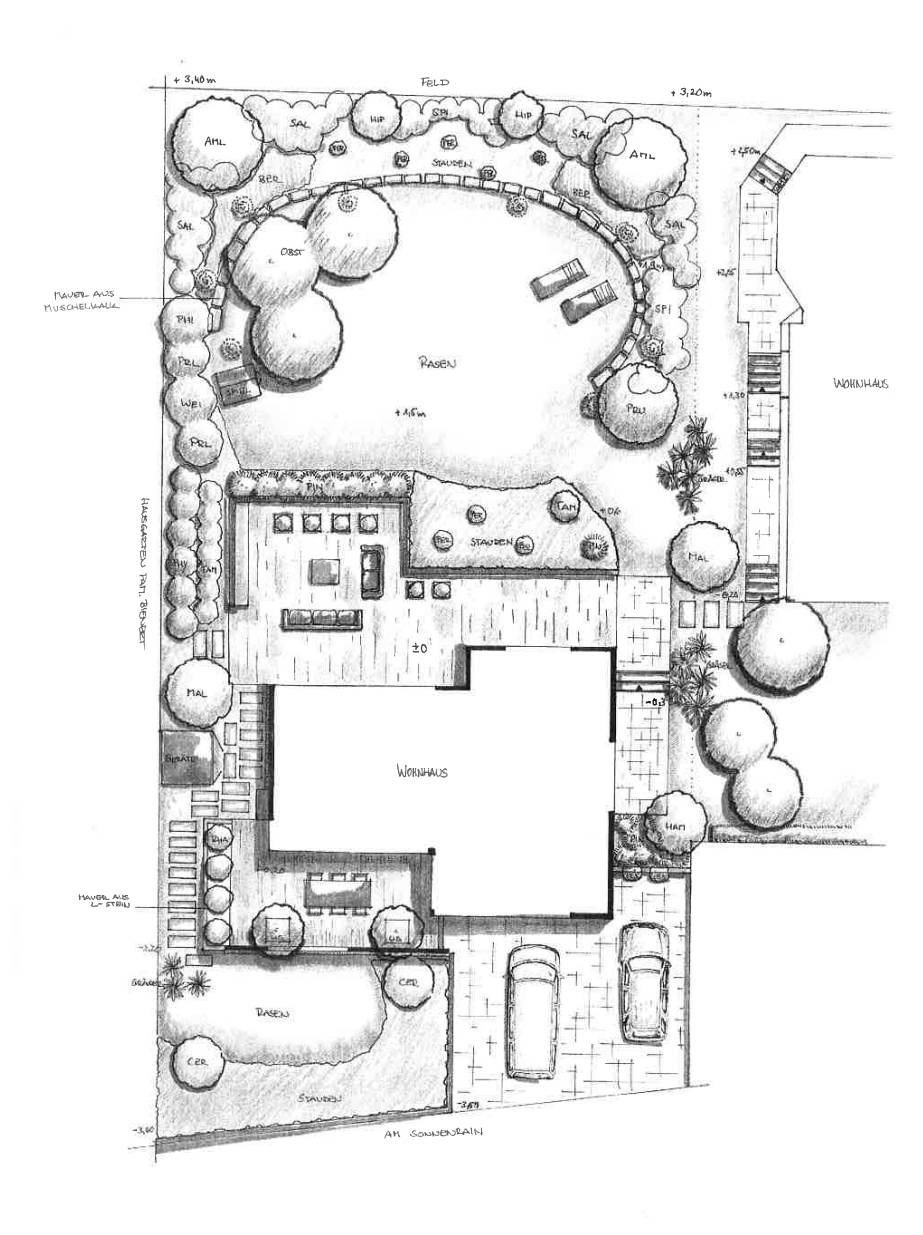 Gestaltungsplan 05: die Gartenplanung für ein Wohnhaus mit zwei Terrassen ist das Thema dieses Beispiels für einen Gestaltungsplan. 
