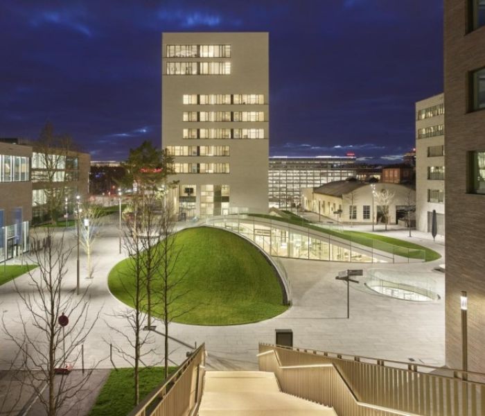 Innovative Schrägdachbegrünung von Optigrün auf dem Bildungscampus (Foto: Optigrün international AG)
